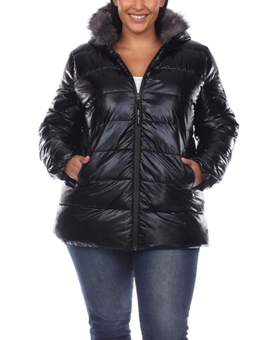White Mark Plus Size Metallic Puffer Coat With Hoodie In Black