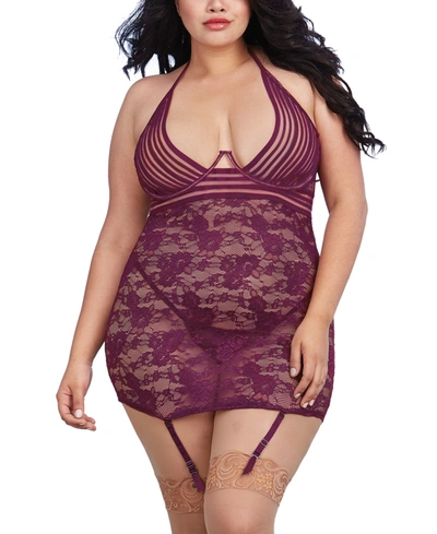 Shop Dreamgirl Women's Plus Size Stretch Lace Garter Slip Lingerie With Sheer Stripped Elastic Details In Mulberry