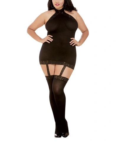 Shop Dreamgirl Women's Plus Size Sheer Halter Garter Dress With Attached Garters And Stockings Lingerie Set In Black