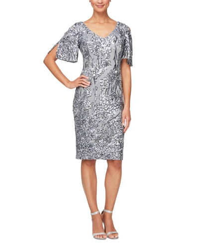 Shop Alex Evenings Sequined Split-sleeve Party Dress In Silver