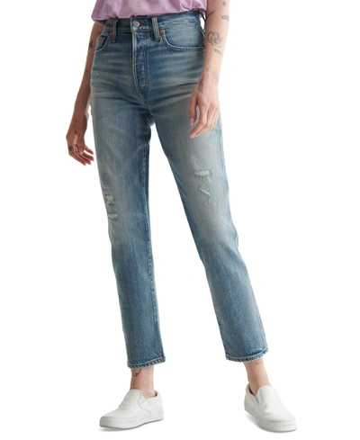 Shop Lucky Brand Drew Distressed High-rise Mom Jeans In Marine