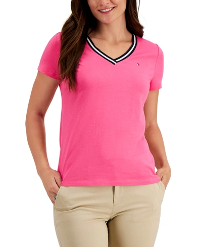Shop Tommy Hilfiger Women's Striped V-neck Short-sleeve T-shirt In Dahlia