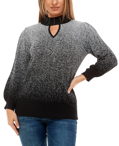 Shop Adrienne Vittadini Women's Long Sleeve With Rhinestones Mock Neck Pullover Sweater In Silver And Black Combo