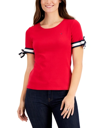 Tommy Hilfiger Women's Cotton Striped Tie-sleeve T-shirt In Scarlet |  ModeSens