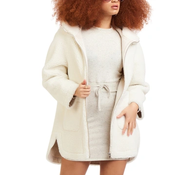 Shop Black Tape High-low Hooded Fleece Coat In Ecru