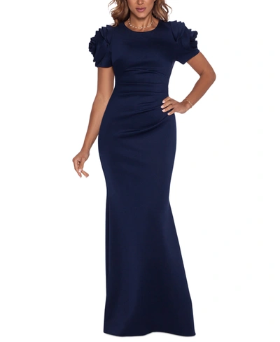 Xscape Petite 3d-flower Short-sleeve Side-pleated Gown In Midnight