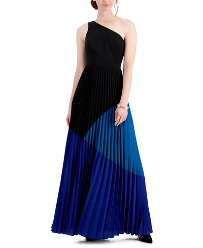 Shop Aidan Mattox Aidan By  One-shoulder Pleated Colorblocked Gown In Teal Multi
