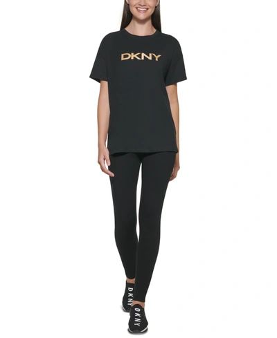 Shop Dkny Sport Cotton Metallic-logo T-shirt In Black/gold