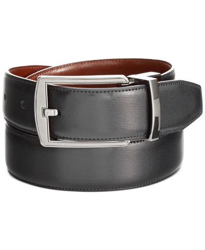 Shop Perry Ellis Portfolio Men's Leather Reversible Feather Stitch-edge Belt In Black/brown