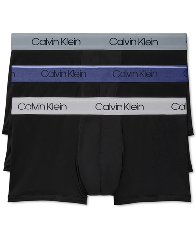 Shop Calvin Klein Men's 3-pk. Micro Stretch Moisture-wicking Low-rise Trunks In Black Bodies W/ Bayou Blue/antique Grey