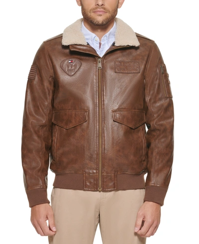 Shop Tommy Hilfiger Men's Faux Leather Aviator Bomber Jacket, Created For Macy's In Saddle Brown