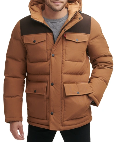 Levi's Men's Quilted Four Pocket Parka Hoody Jacket In Worker Brown