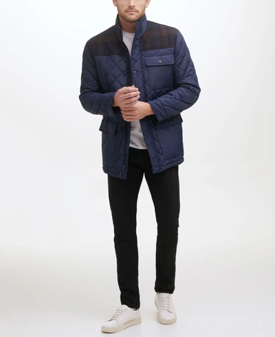 Shop Cole Haan Men's Mixed Media Diamond-like Quilt Coat In Navy