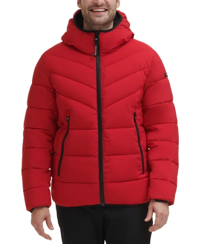 Calvin Klein Men's Chevron Stretch Jacket With Sherpa Lined Hood In Deep Red