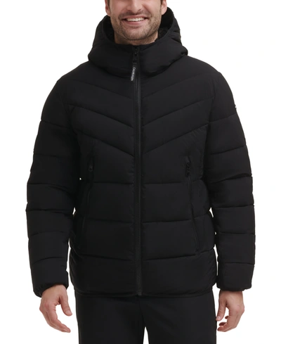 Shop Calvin Klein Men's Chevron Stretch Jacket With Sherpa Lined Hood In Ebony