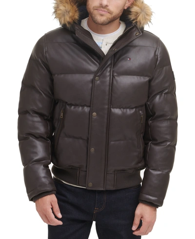 Tommy Hilfiger Faux Leather Hooded Puffer Bomber Jacket In Dark Brown |  ModeSens