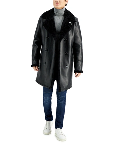 Shop Guess Men's Long Pleather Double Breasted Coat With Faux Shearling Cuff And Collar In Black
