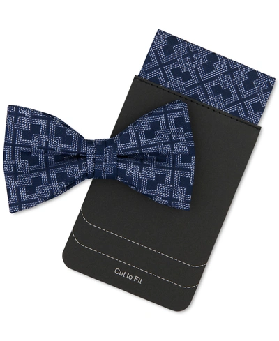 Shop Tallia Men's Black Lurex Geometric Bow Tie & Pocket Square Set In Navy