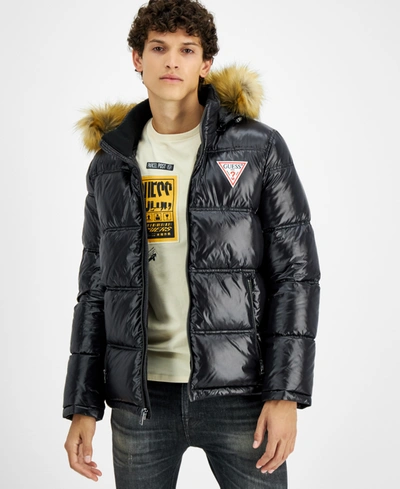Shop Guess Men's Puffer Jacket With Faux Fur Hood In Black