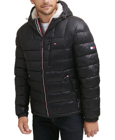 Shop Tommy Hilfiger Men's Sherpa Lined Hooded Quilted Puffer Jacket In Black