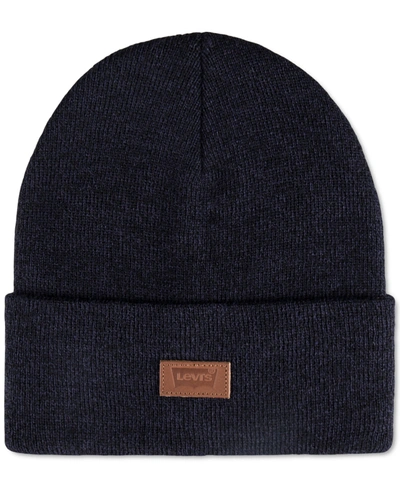 Shop Levi's All Season Comfy Leather Logo Patch Hero Beanie In Marl Navy