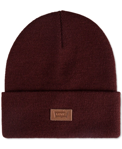 Shop Levi's All Season Comfy Leather Logo Patch Hero Beanie In Burgundy