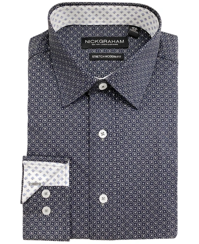 Shop Nick Graham Men's Modern-fit Stretch Foulard Geometric Print Dress Shirt In Foulard Geo Navy