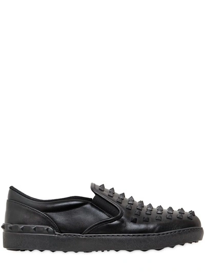 Shop Valentino Studded Leather Slip-on Sneakers, Black