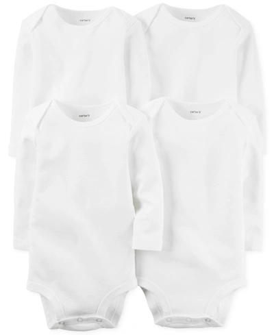 Shop Carter's Baby Boys Or Baby Girls Solid Long Sleeved Bodysuits, Pack Of 4 In White