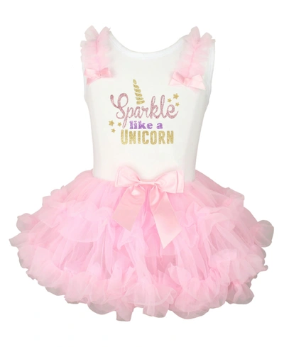 Shop Popatu Baby Girls Sparkle Unicorn Glitter Ruffle Dress With Tutu Skirt In White/pink