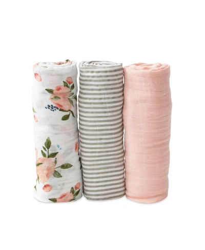 Shop Little Unicorn Watercolor Roses Cotton Muslin 3-pack Swaddle Blanket Set In Watercolor Roses/grey Stripe And Rose P