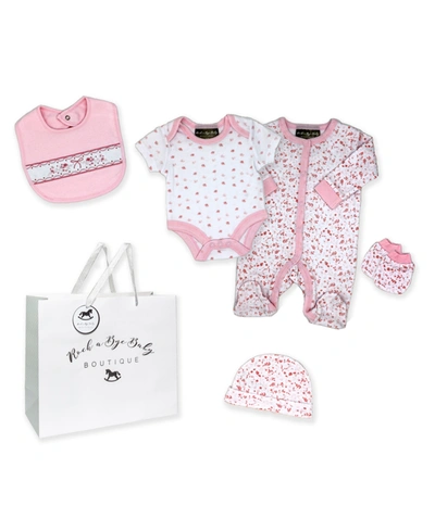 Shop Rock-a-bye Baby Boutique Baby Girls 5 Piece Floral Bows Layette Gift Set In Pink And White