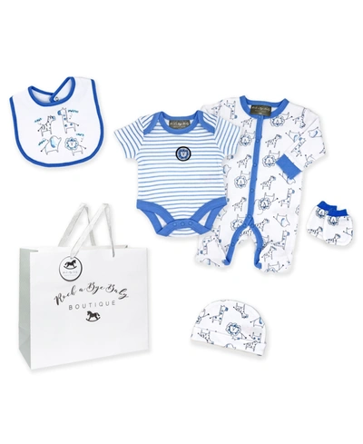 Shop Rock-a-bye Baby Boutique Baby Boys 5 Piece Safari Animal Layette Gift Set In Royal Blue