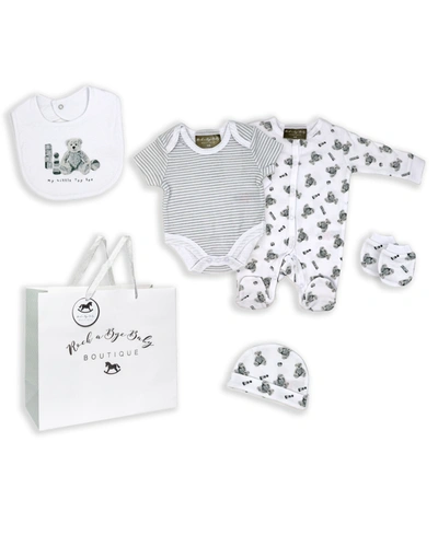 Shop Rock-a-bye Baby Boutique Baby Boys And Girls 5 Piece Toy Box Layette Gift Set In Gray And White