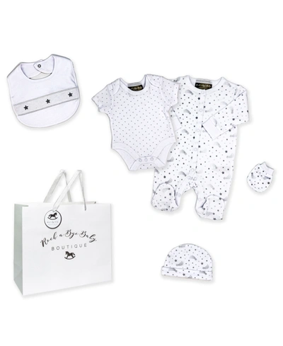 Shop Rock-a-bye Baby Boutique Baby Boys And Girls 5 Piece Stars Layette Gift Set In Gray And White