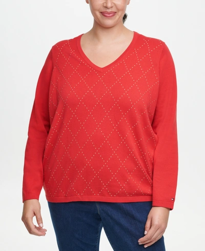 Shop Tommy Hilfiger Plus Size Ivy Cotton Argyle Sweater In Scarlet
