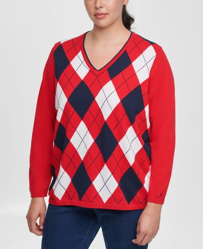 Shop Tommy Hilfiger Plus Size Cotton Argyle Sweater In Scarlet Multi