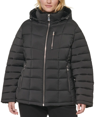 Shop Calvin Klein Women's Plus Size Faux-fur-trim Hooded Puffer Coat, Created For Macy's In Black