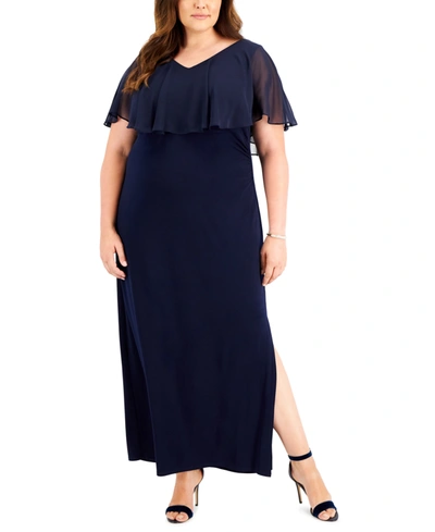 Shop Connected Plus Size V-neck Cape Gown In Navy