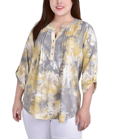 Shop Ny Collection Plus Size Knit Jacquard 3/4 Sleeve Roll Tab Top In Yellow Tiedye