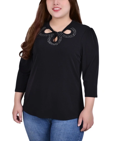 Shop Ny Collection Plus Size 3/4 Sleeve Knit Crepe Studded Keyhole Top In Black