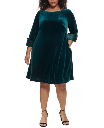 Shop Jessica Howard Plus Size Satin-cuff Velvet Dress In Hunter