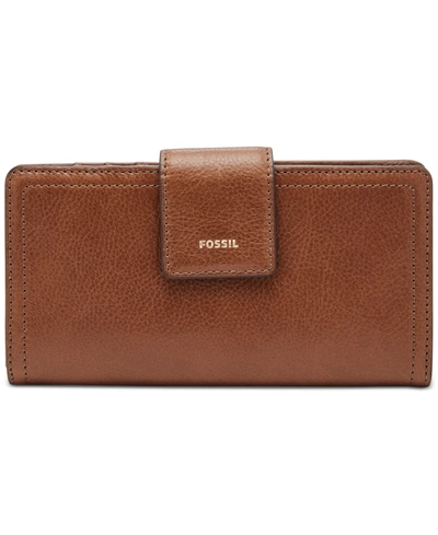 Shop Fossil Logan Leather Rfid Tab Clutch Wallet In Brown/gold