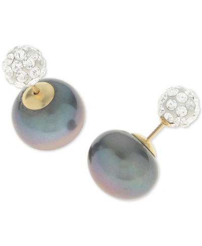 Shop Macy's Dyed Black Cultured Freshwater Pearl (11mm) And Crystal Pave Ball Front And Back Earrings In 14k Gol In Yellow Gold