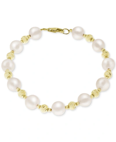Shop Macy's Cultured Freshwater Pearl (8mm) & Bead Bracelet In 14k Gold-plated Sterling Silver In Gold Over Silver