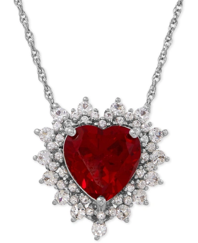 Macy's Lab-grown Ruby (4 Ct. T.w.) And White Sapphire (1 Ct. T.w.) Heart Pendant Necklace In Sterling Silve In Sterling Silver