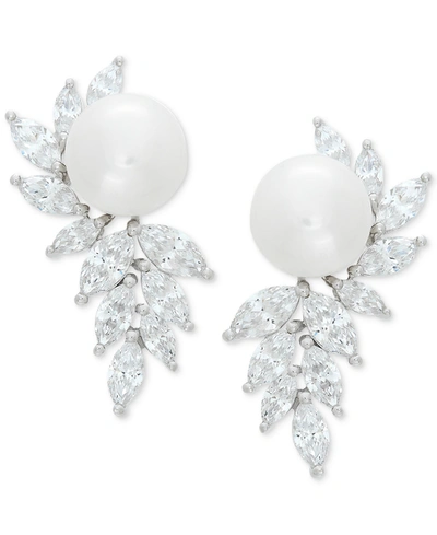 Shop Arabella Cultured Freshwater Pearl (10mm) & Cubic Zirconia Drop Earrings In Sterling Silver