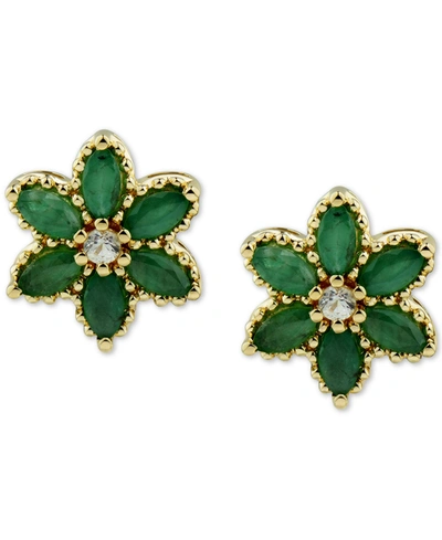 Shop Macy's Ruby (1-1/10 Ct. T.w.) & White Topaz (1/10 Ct. T.w.) Flower Stud Earrings In 14k Gold-plated Sterlin In Emerald