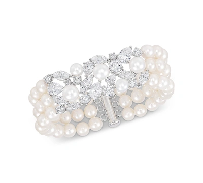 Shop Arabella Cultured Freshwater Pearl (6-8mm) & Cubic Zirconia Cuff Bracelet In Sterling Silver, Created For Mac