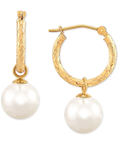 Macy's Cultured Freshwater Pearl (9mm) Dangle Hoop Earrings In 14k Gold In Yellow Gold